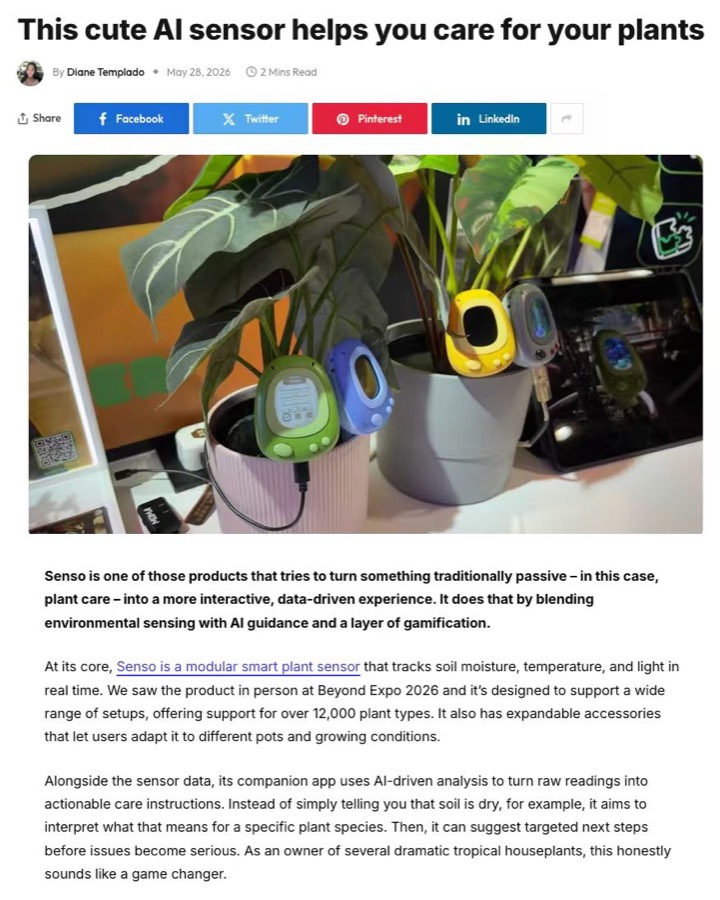 Yanko Design coverage featuring a smart plant sensor